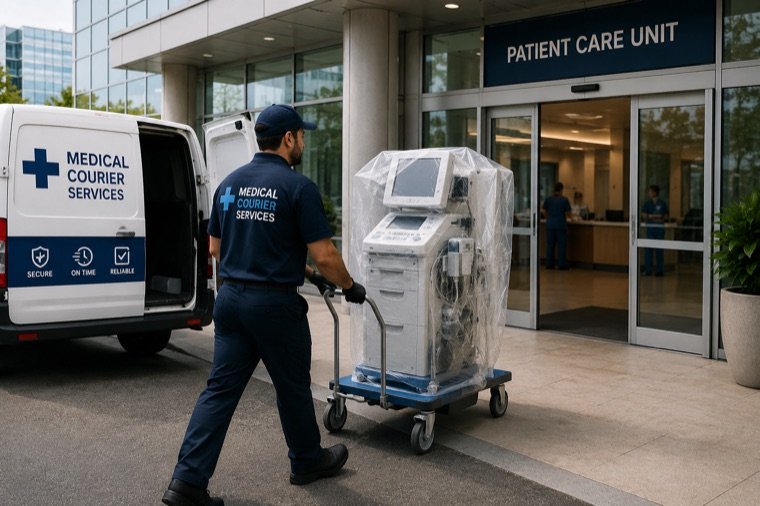 A Bridgeway courier wheeling shrink-wrapped medical equipment on a dolly toward a hospital patient care unit entrance, a marked delivery van alongside.