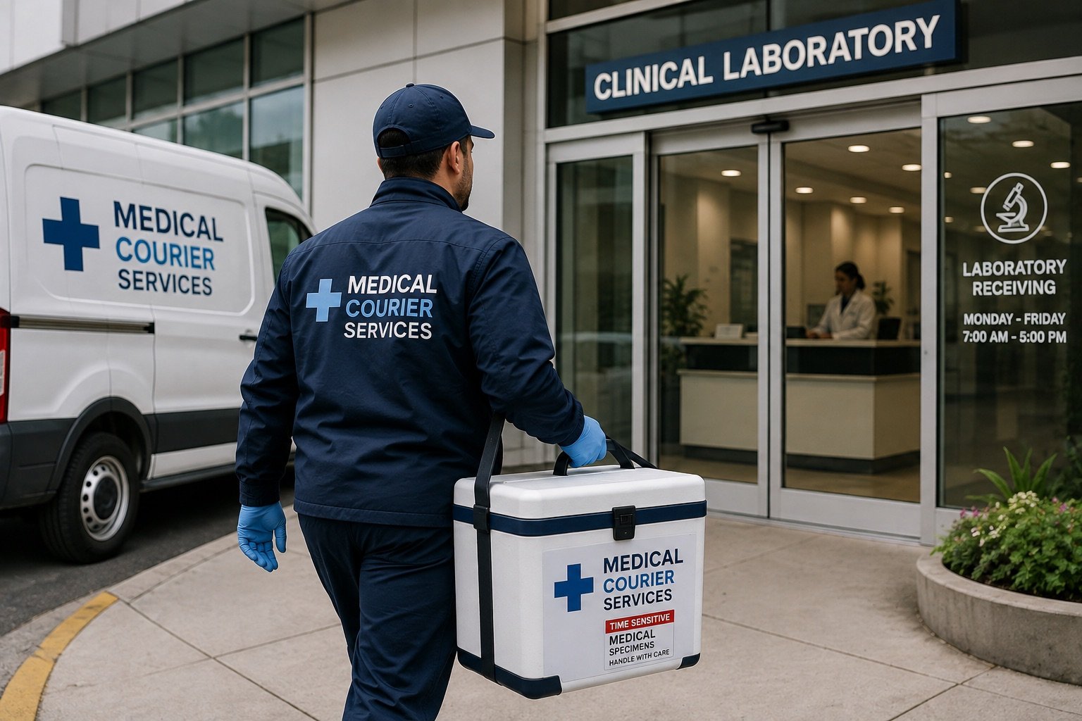 A Bridgeway courier in gloves carrying a sealed specimen cooler toward a clinical laboratory receiving entrance, a marked delivery van at the kerb.